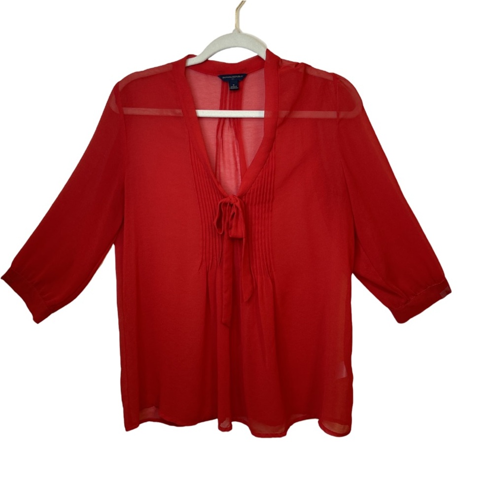 Banana Republic Bright Red V-Neck 3/4 Sleeve Red Sheer Blouse Sz M